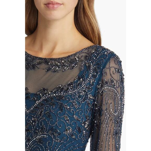 PISARRO NIGHTS Beaded Mesh Gown Size 4 Blue Rich Sapphire Mock Two-Piece NWT - Picture 3 of 13